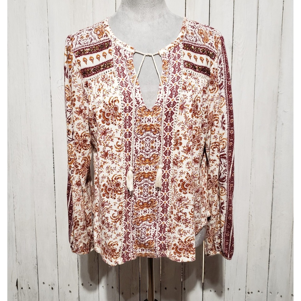 Lucky Brand L Knit Top Cream Burgundy Floral Tassel Sequins Lace Cottage Boho - Picture 2 of 9